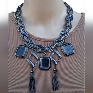 Erickson Beamon Gunmetal Tassel Fringe Statement Necklace Luxury Designer